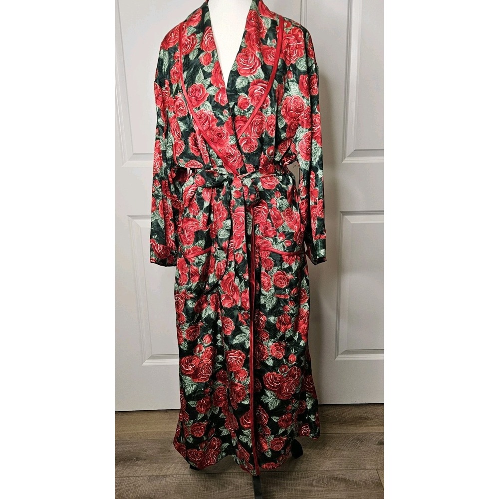 Vintage Victorias Secret Floral Satin Robe Gold Label Red Roses Maxi Size‎ M/L